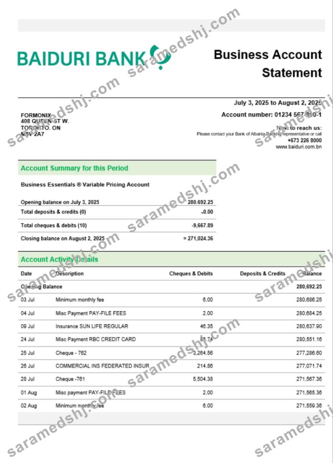 Baiduri Bank business account statement Word and PDF template